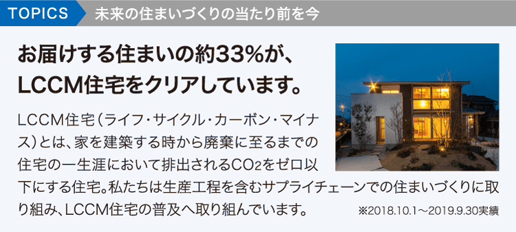 TOPICS未来の住まいづくりの当たり前を今。お届けする住まいの約33%が、LCCM住宅をクリアしています。 LCCM住宅(ライフ・サイクル・カーボン・マイナス)とは、家を建築する時から廃棄に至るまでの住宅の一生涯において排出されるCO2をゼロ以下にする住宅。私たちは生産工程を含むサプライチェーンでの住まいづくりに取り組み、LCCM住宅の普及へ取り組んでいます。 TOPICS未来の住まいづくりの当たり前を今。お届けする住まいの約33%が、LCCM住宅をクリアしています。 LCCM住宅(ライフ・サイクル・カーボン・マイナス)とは、家を建築する時から廃棄に至るまでの住宅の一生涯において排出されるCO2をゼロ以下にする住宅。私たちは生産工程を含むサプライチェーンでの住まいづくりに取り組み、LCCM住宅の普及へ取り組んでいます。