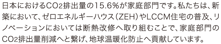 日本におけるCO2排出量の15.6%が家庭部門です。私たちは、新築において、ゼロエネルギーハウス(ZEH)やLCCM住宅の普及、リノベーションにおいては断熱改修へ取り組むことで、家庭部門の CO2排出量削減へと繋げ、地球温暖化防止へ貢献しています。