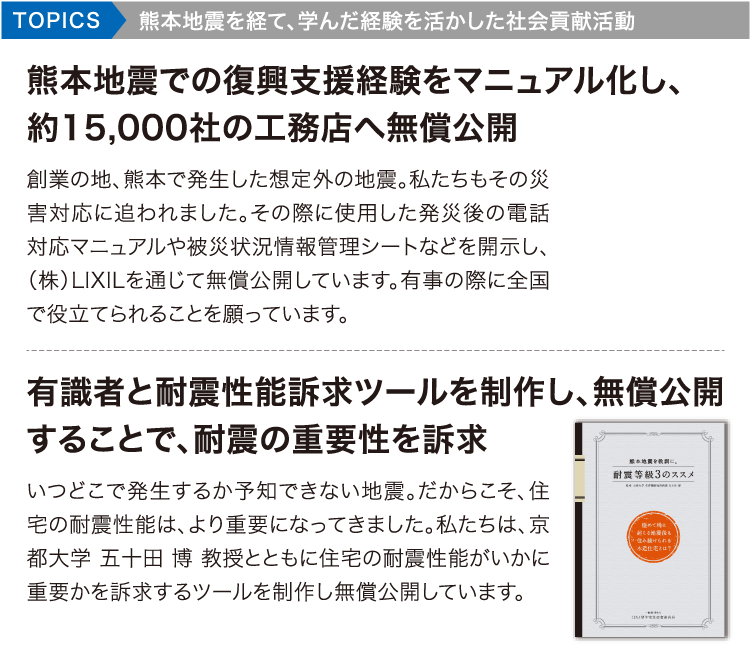 TOPICS熊本地震を経て、学んだ経験を活かした社会貢献活動。熊本地震での復興支援経験をマニュアル化し、 約15,000社の工務店へ無償公開 創業の地、熊本で発生した想定外の地震。私たちもその災害対応に追われました。その際に使用した発災後の電話対応マニュアルや被災状況情報管理シートなどを開示し、(株)LIXILを通じて無償公開しています。有事の際に全国で役立てられることを願っています。 有識者と耐震性能訴求ツールを制作し、無償公開 することで、耐震の重要性を訴求 いつどこで発生するか予知できない地震。だからこそ、住宅の耐震性能は、より重要になってきました。私たちは、京都大学 五十田 博 教授とともに住宅の耐震性能がいかに重要かを訴求するツールを制作し無償公開しています。 TOPICS熊本地震を経て、学んだ経験を活かした社会貢献活動。熊本地震での復興支援経験をマニュアル化し、 約15,000社の工務店へ無償公開 創業の地、熊本で発生した想定外の地震。私たちもその災害対応に追われました。その際に使用した発災後の電話対応マニュアルや被災状況情報管理シートなどを開示し、(株)LIXILを通じて無償公開しています。有事の際に全国で役立てられることを願っています。 有識者と耐震性能訴求ツールを制作し、無償公開 することで、耐震の重要性を訴求 いつどこで発生するか予知できない地震。だからこそ、住宅の耐震性能は、より重要になってきました。私たちは、京都大学 五十田 博 教授とともに住宅の耐震性能がいかに重要かを訴求するツールを制作し無償公開しています。
