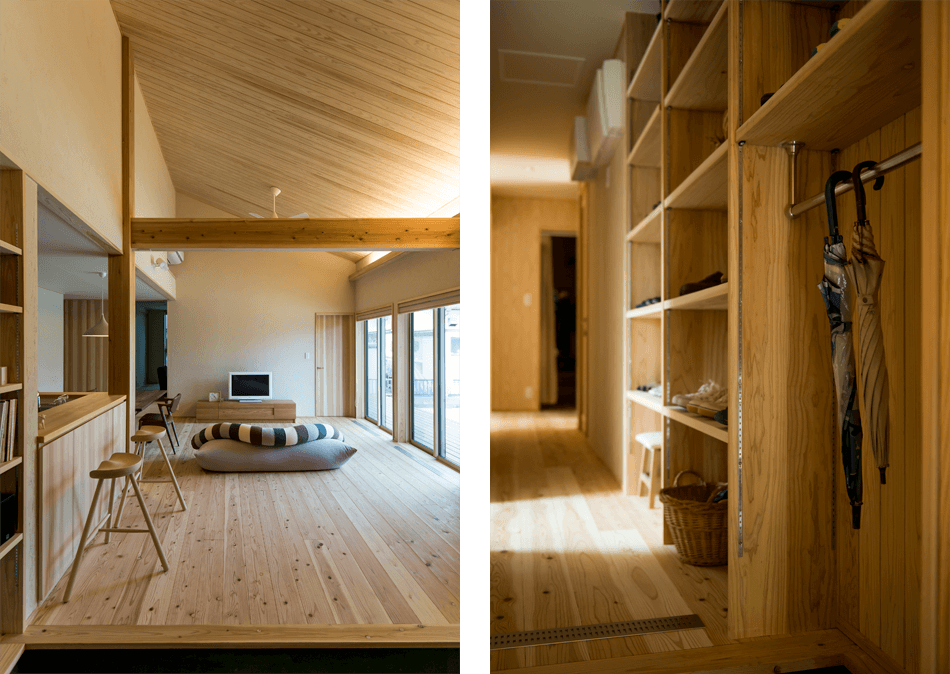 case-14-02 木の家|熊本の新築建築事例|平屋|3LDK|リビング|玄関|エコワークス|CASE-14|内観02