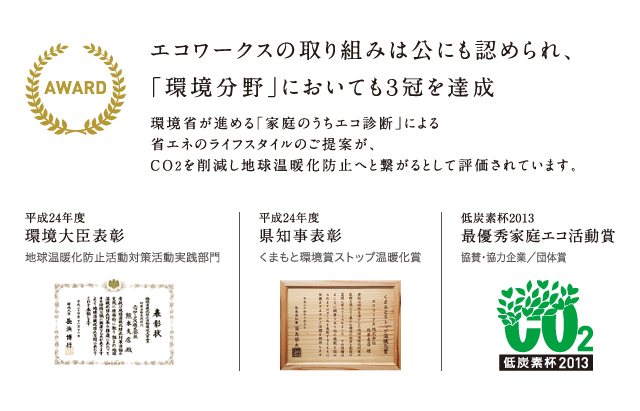 エコワークスの取り組みは公にも認められ、「環境分野」においても３冠を達成