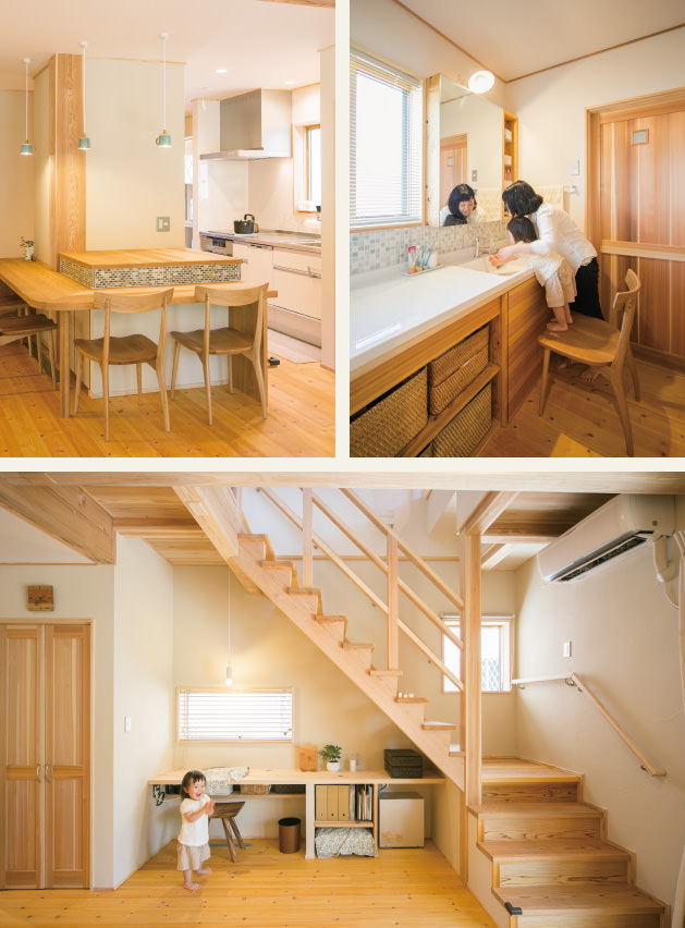 case01-内観02 木の家|福岡の新築建築事例|2階建|4LDK|キッチン|洗面台|フリースペース|エコワークス|CASE-01|内観02