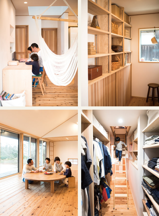 case02-内観03 木の家|福岡の新築建築事例|平屋|3LDK|フリースペース|棚|リビング|収納|エコワークス|CASE-02|内観03