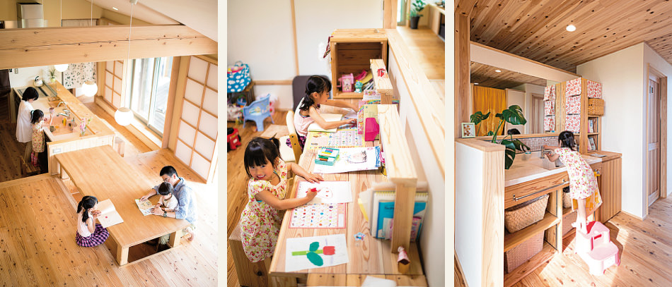 case03-内観03 木の家|福岡の新築建築事例|平屋|3LDK|リビング|スタディスペース|洗面台|エコワークス|CASE-03|画像名内観03