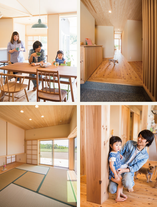 木の家｜福岡の新築建築事例｜平屋｜4LDK｜リビング｜玄関｜和室｜柱｜エコワークス｜CASE-04｜内観02