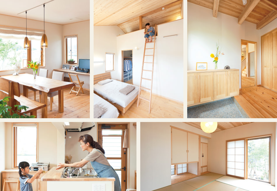 case05-内観01 木の家|福岡の新築建築事例|2階建|4LDK|リビング|寝室|玄関|キッチン|和室|エコワークス|CASE-05|内観01