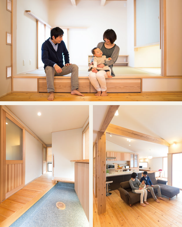 case06-内観03 木の家|福岡の新築建築事例|平屋|4LDK|小上がり|玄関|リビング|エコワークス|CASE-06|内観03