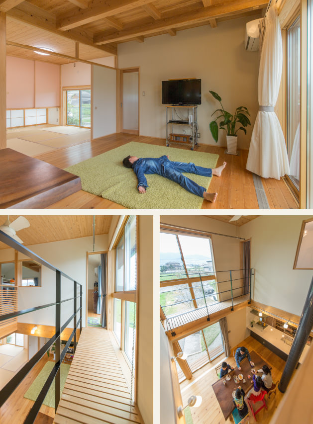 case07-内観02 木の家|福岡の新築建築事例|2階建|5LDK|リビング|廊下|吹抜け|エコワークス|CASE-07|内観02