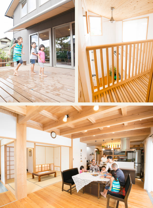 case08-内観01 木の家|福岡の新築建築事例|2階建|1F:2LDK|2F:3LDK|ウッドデッキ|吹抜け|リビング|エコワークス|CASE-08|内観01