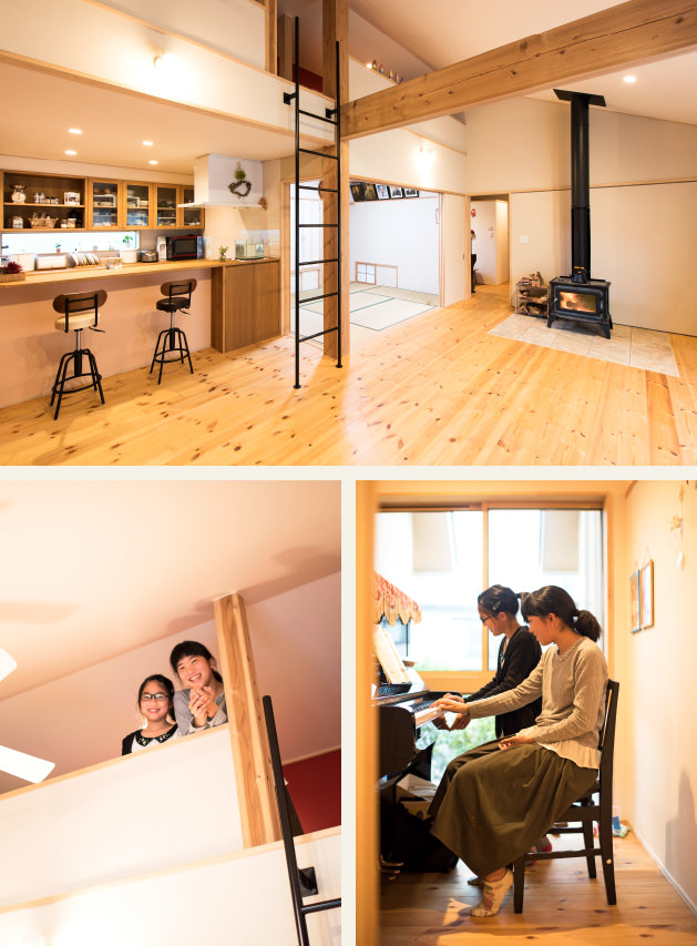 case09-内観02 木の家|熊本の新築建築事例|平屋|4LDK|リビング|ロフト|フリースペース|エコワークス|CASE-09|内観02