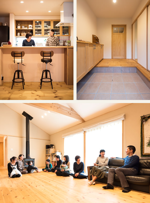 case09-内観01 木の家|熊本の新築建築事例|平屋|4LDK|キッチン|玄関|リビング|エコワークス|CASE-09|内観01