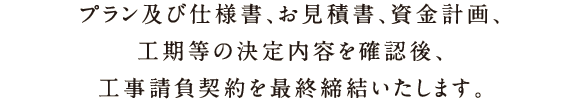 プランおよび仕様書、お見積書、資金計画、工期等の決定内容を確認後、工事請負契約を最終締結いたします。
