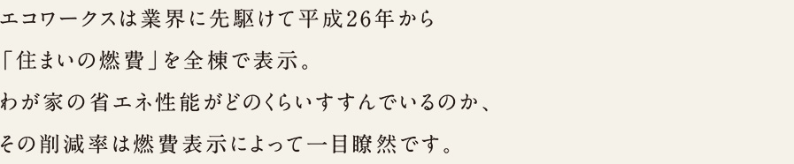 エコワークスは業界に先駆けて平成26年から「住まいの燃費」を前棟で表示。