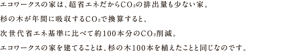 エコワークスの家は、超省エネだからCO2排出量も少ない家。杉の木が年間に吸収するCO2で換算すると、次世代省エネ基準に比べて約100本分のCO2削減。エコワークスの家を建てることは、杉の木100本を上田ことと同じなのです。