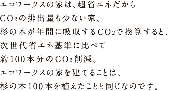 エコワークスの家は、超省エネだからCO2排出量も少ない家。杉の木が年間に吸収するCO2で換算すると、次世代省エネ基準に比べて約100本分のCO2削減。エコワークスの家を建てることは、杉の木100本を上田ことと同じなのです。