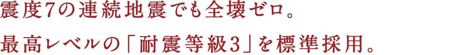 震度７の連続地震でも全壊ゼロ。最高レベルの「耐震等級3」を標準採用。