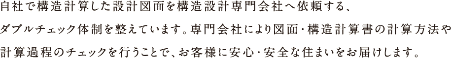 自社で構造計算した設計図面を構造設計専門会社へ依頼する、ダブルチェック体制を整えています。専門射社会により図面・構造計算書の計算方法や計算過程のチェックをおこなうことで、お客様に安心・安全な住まいをお届けします。