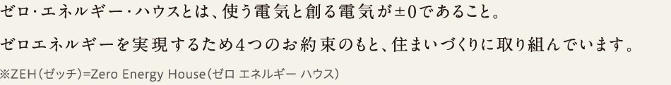 ゼロ・エネルギー・ハウスとは、使う電気と創る電気が±0であること。ゼロエネルギーを実現するため4つのお約束のもと、住まいづくりに取り組んでいます。