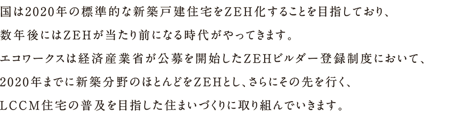 国は2020年の標準的な新築戸建て住宅をZEH化することを目指しており、数年後にはZEHが当たり前になる時代がやってきます。