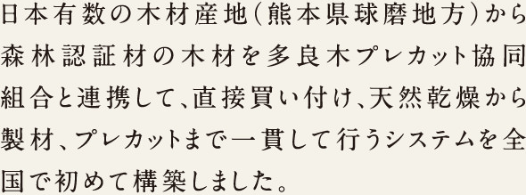 日本有数の木材産地（熊本県球麿地方）から森林認証材の木材を多良木プレカット協同組合と連携して、直接買い付け、天然乾燥から製材、プレカットまで一貫して行うシステムを全国で初めて構築しました。