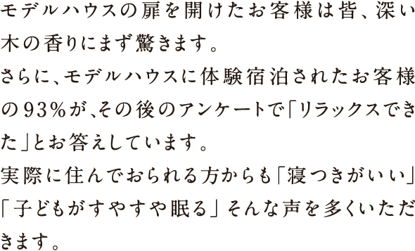 モデルハウス の扉を開けたお客様は皆、深い木の香りにまず驚きます。さらに、モデルハウス に体験宿泊されたお客様の93%が、その後のアンケートで「リラックスできた」とお答えしています。実際に住んでおられる方からも「寝つきがいい」「子どもがすやすや眠る」そんな声を多くいただきます。