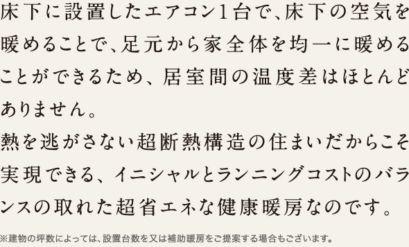 床下に設置したエアコン1台で、床下の空気を暖めることで、足元から家全体を均一に暖めることができるため、居室間の温度差はほとんどありません。熱を逃さない超高断熱構造の住まいだからこそ実現できる、イニシャルとランニングコストのバランスの取れた超省エネな健康暖房なのです。