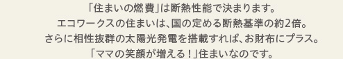 「住まいの燃費」は断熱性能で決まります。エコワークスの住まいは、国の定める断熱基準の約2倍。さらに相性抜群の太陽光発電を搭載すれば、お財布にプラス。「ママの笑顔が増える！」住まいなのです。