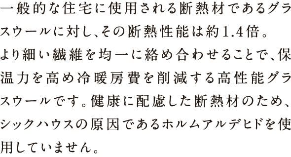 一般的な住宅に使用される断熱材であるグラスウールに対し、その断熱性能は約1.4倍。より細かい繊維を均一に絡め合わせることで、保湿力を高冷暖房費を削減する高性能グラスウールです。健康に配慮した断熱材のため、シックハウスの原因であるホルムアルデヒドを使用していません。