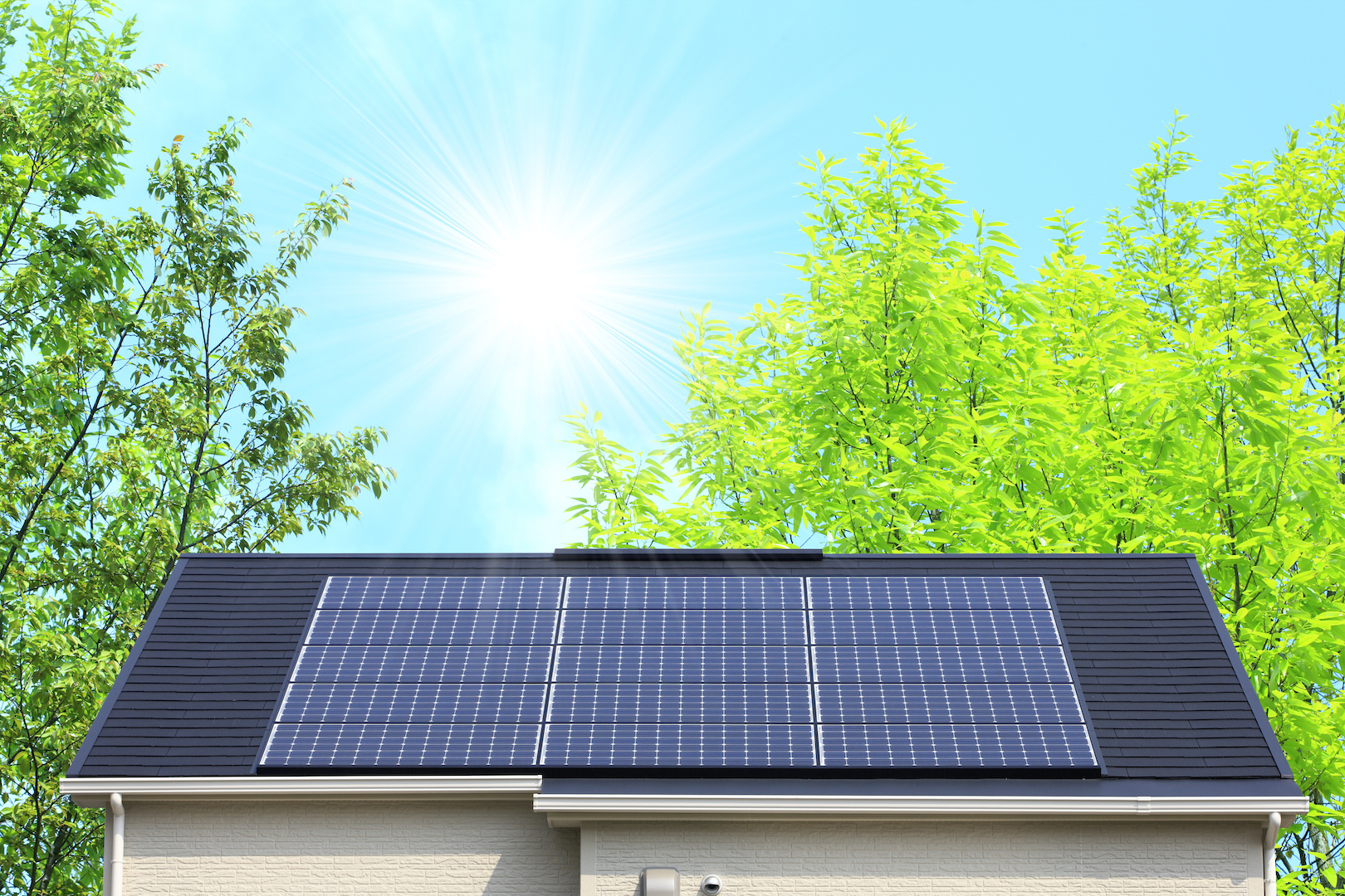 太陽光発電の屋根と新緑 エコワークス:木の家専門店(新築・工務店) 太陽光発電の屋根と新緑 エコワークス:木の家専門店(新築・工務店)