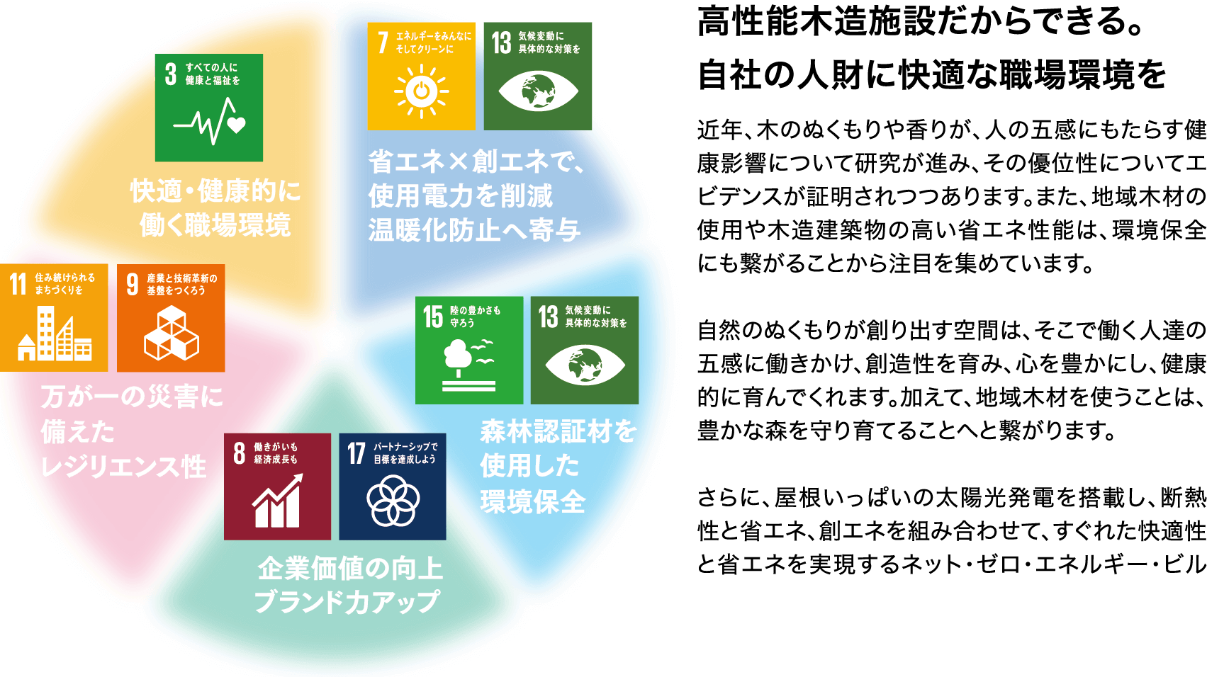 高性能木造施設だからできる。自社の人財に快適な職場環境を。快適・健康的に働く職場環境。省エネ×創エネで使用電力を削減、温暖化防止へ寄与。森林認証材を使用した環境保全。企業価値の向上、ブランド力アップ。万が一の災害に備えたレジリエンス性。近年、木のぬくもりや香りが、人の五感にもたらす健康影響について研究が進み、その優位性についてエビデンスが証明されつつあります。また、地域木材の使用や木造建築物の高い省エネ性能は、環境保全にも繋がることから注目を集めています。自然のぬくもりが創り出す空間は、そこで働く人達の五感に働きかけ、創造性を育み、心を豊かにし、健康的に育んでくれます。加えて、地域木材を使うことは、豊かな森を守り育てることへと繋がります。さらに、屋根いっぱいの太陽光発電を搭載し、断熱性と省エネ、創エネを組み合わせて、すぐれた快適性と省エネを実現するネット・ゼロ・エネルギー・ビル（ZEB）を実現することができます。木造施設建築は、持続可能な社会の実現に向けたSDGsへ繋がっているとも言えます。