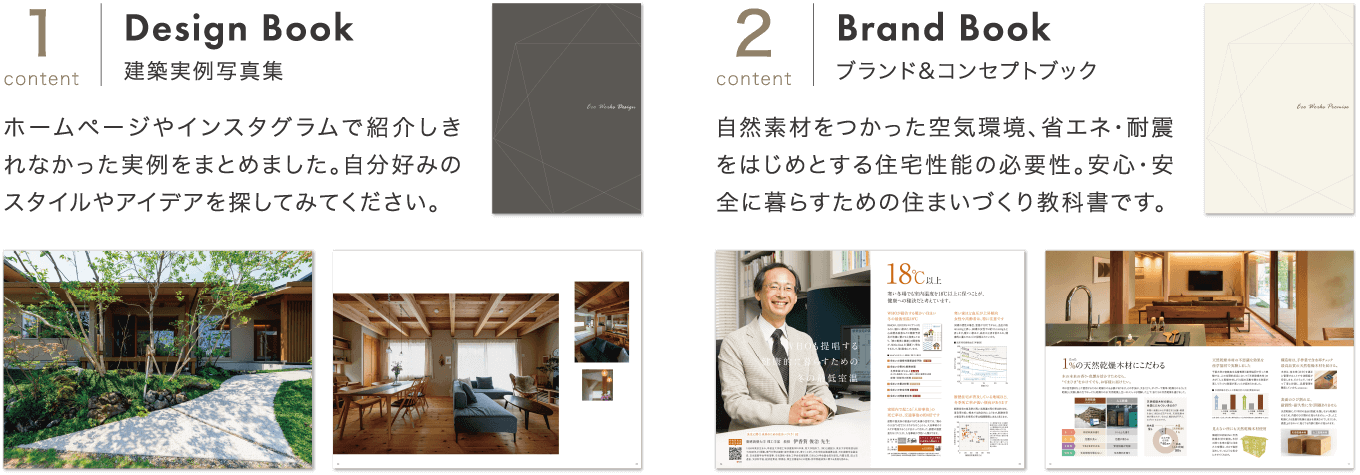 [1content | Design Book]建築実例写真集：ホームページやインスタグラムで紹介しきれなかった実例をまとめました。自分好みのスタイルやアイデアを探してみてください。[2content | Brand Book]ブランド&コンセプトブック：自然素材をつかった空気環境、省エネ・耐震をはじめとする住宅性能の必要性。安心・安全に暮らすための住まいづくり教科書です。