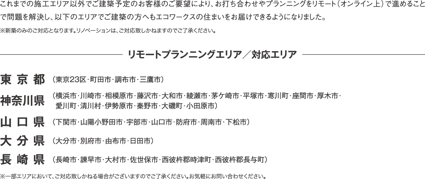 これまでの施工エリア以外でご建築予定のお客様のご要望により、お打ち合わせやプランニングをリモート（オンライン上）で進めることで問題を解決し、以下のエリアでご建築の方へもエコワークスの住まいをお届けできるようになりました。※新築のみのご対応となります。リノベーションは、ご対応致しかねますのでご了承ください。[リモートプランニングエリア／対応エリア]東京都（東京23区・町田市・調布市・三鷹市）神奈川県（横浜市・川崎市・相模原市・藤沢市・大和市・綾瀬市・茅ケ崎市・平塚市・寒川町・座間市・厚木市・愛川町・清川村・伊勢原市・秦野市・大磯町・小田原市）山口県（下関市・山陽小野田市・宇部市・山口市・防府市・周南市・下松市）大分県（大分市・別府市・由布市・日田市）長崎県（長崎市・諫早市・大村市・佐世保・西彼杵郡時津町・西彼杵郡長与町）※一部エリアにおいて、ご対応致しかねる場合がございますのでご了承ください。お気軽にお問い合わせください。